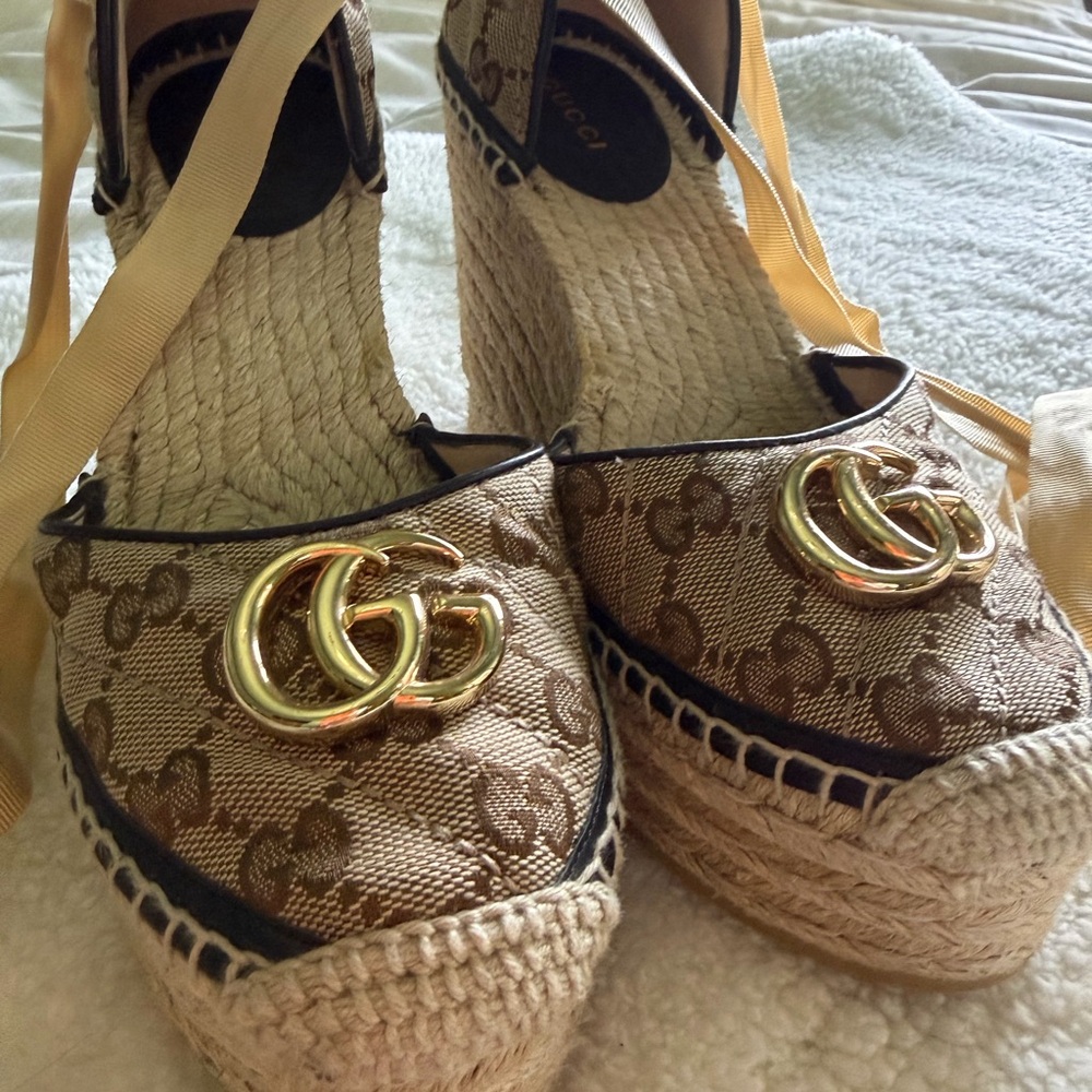 Gucci Pilar GG Ankle Tie Espadrille Platform Wedge